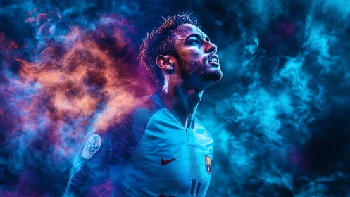 Dynamic football portrait with neon bicolor volumetric smoke effects