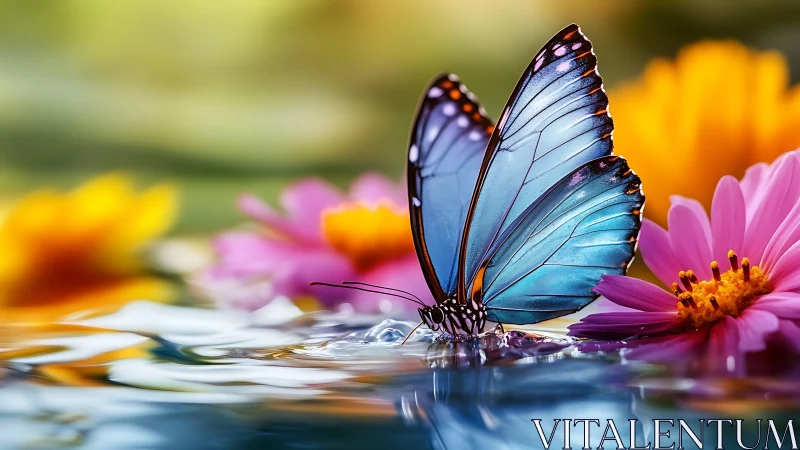 Gentle blue butterfly resting by bright, cheerful blossoms.