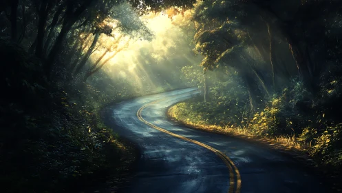 Luminous Forest Pathway with Volumetric Light and Winding Road.