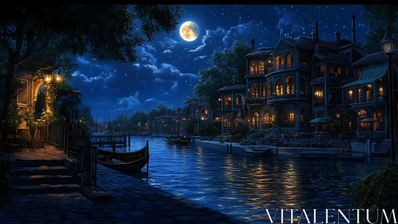 Moonlit canal scene shows waterfront buildings and boats