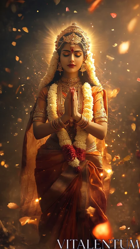 Divine Indian bride in glowing saffron prayer aura.