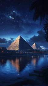 Starlit pyramids beside calm river under deep blue night.