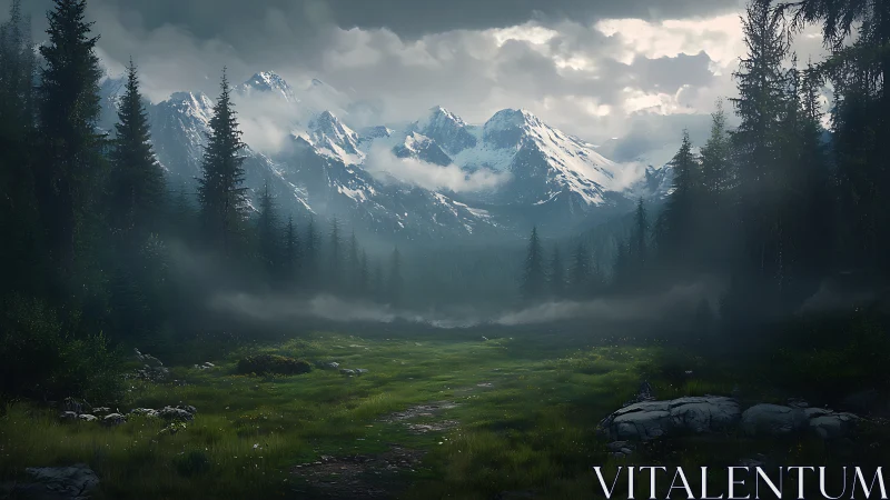 Misty mountain meadow opening onto quiet snow capped peaks.