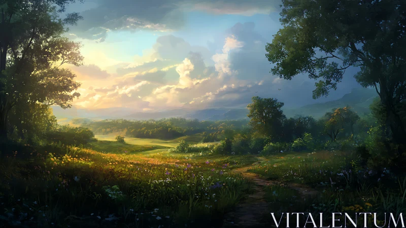 Digital painting landscape with luminous meadow perspective.