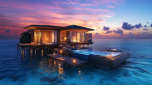 Overwater villa structure is illuminated against an ocean sunset