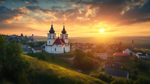 Sunlit hilltop village and twin-towered church at dusk.