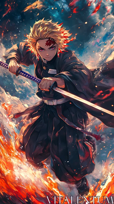 Blazing swordsman charges through swirling firestorm sky.