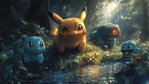 Pikachu with Squirtle and Bulbasaur in a glowing forest