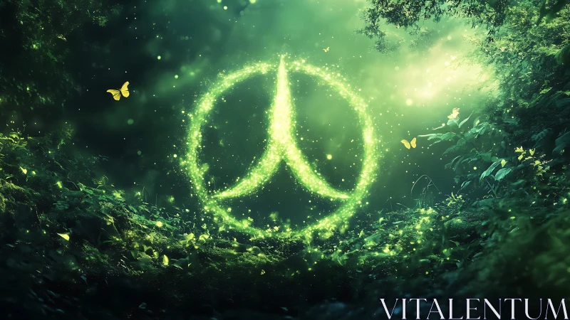 Glowing peace symbol composed of particles in dense forest