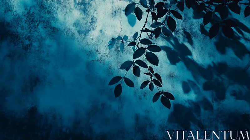 Silhouette of Leaves on Textured Blue Wall in Moody Artistic Style.