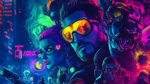 Neon cyberpunk duo with augmented reality cityscape.