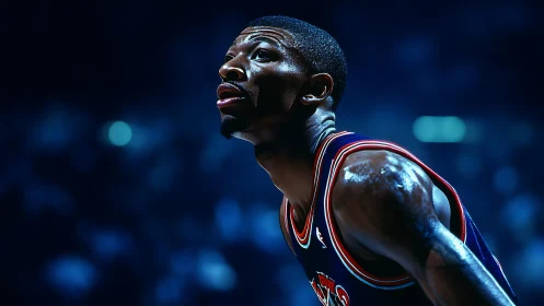 Focused basketball player under arena lights at night.