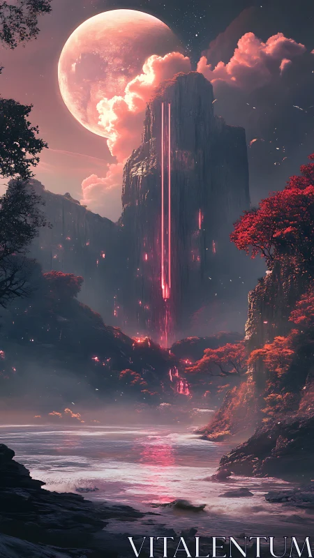 Luminous red monolith beneath vast rose-tinted moonrise.