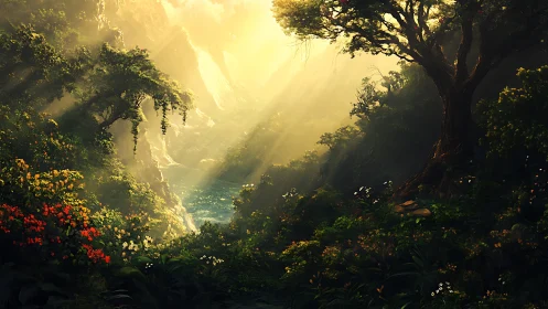 Golden Hour Canyon Valley with Volumetric Light Rays and Verdant Flora