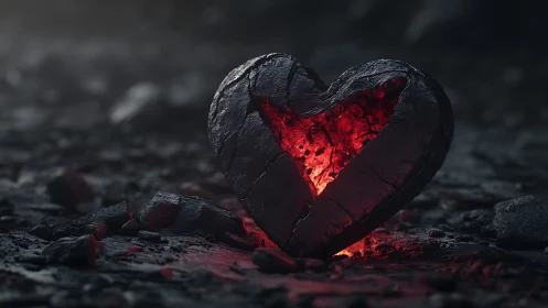 Thermally Fractured Heart Form: Incandescent Core Emission Beneath Carbonized Shell.