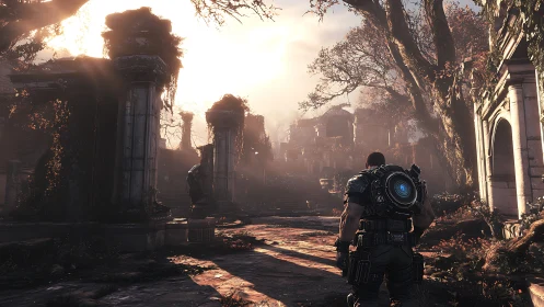 Armored explorer traverses volumetric-lit ruined colonnade.