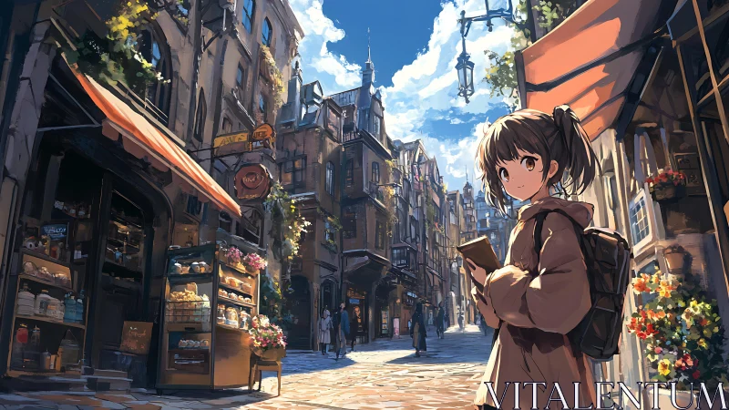 Girl explores cozy European street bathed in gentle light.