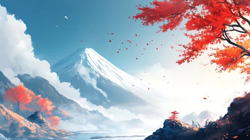 Snowy mountain and red maple trees in calm landscape.