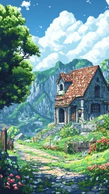 Stone house on hillside path in mountainous rural landscape.