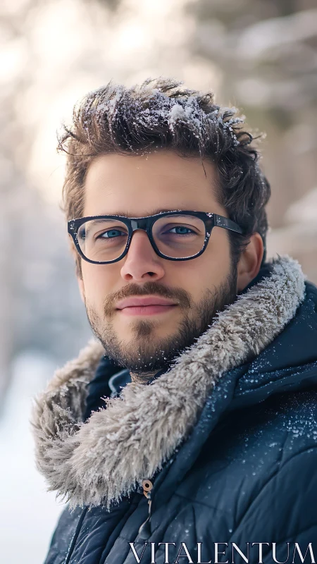 Snow-dusted wanderer with quiet blue-eyed winter calm.