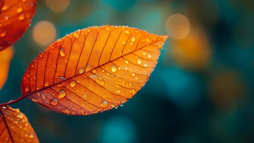 Rain-kissed amber leaf glows against teal forest dusk.