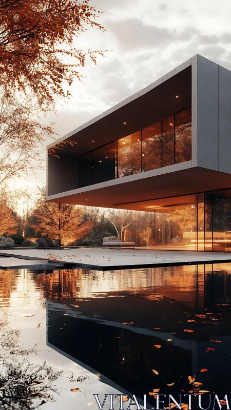 Cantilevered concrete villa mirrors over still autumn pool
