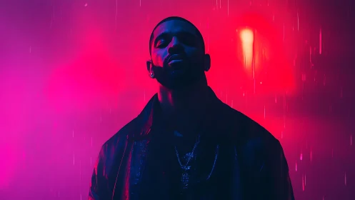 Silhouetted male figure stands before neon magenta backlight