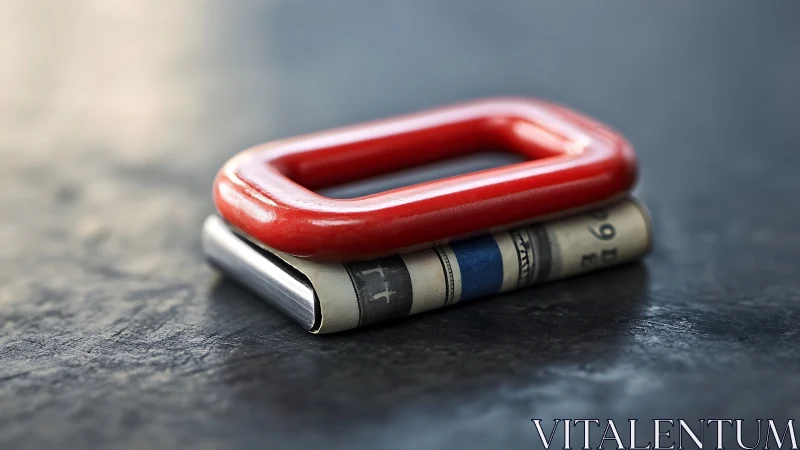 Red carabiner with rolled bandages against dark slate surface.