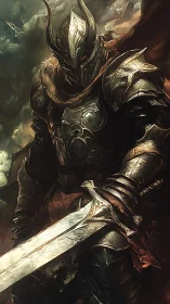 Heavily armored dark knight with greatsword in stormlight