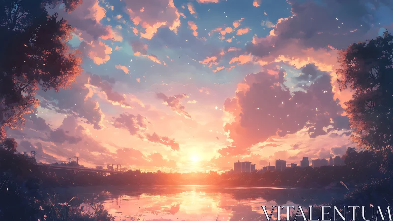 Sunset sky ignites urban lake horizon with mirrored light.