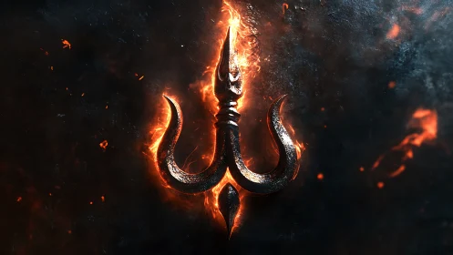 Fiery metallic trident symbol glows against dark background