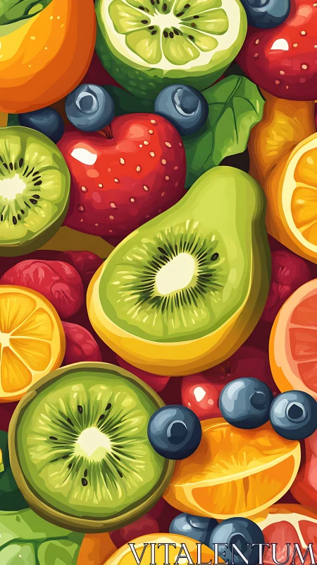 Vibrant sliced fruit collage in bold digital illustration.