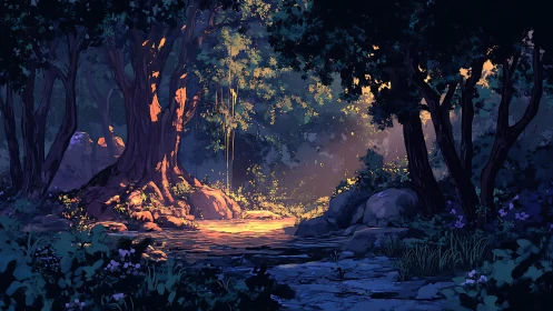 Luminescent Forest Pathway: Nocturnal Woodland with Golden Radiance