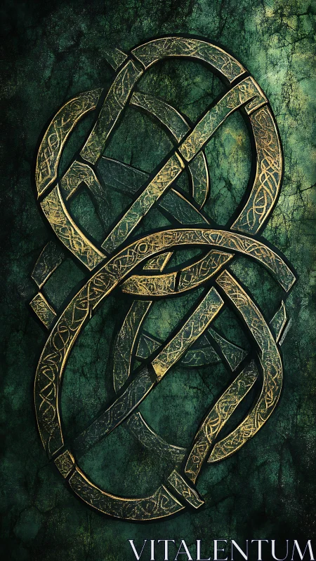 Interlaced metallic knotwork on textured green background.