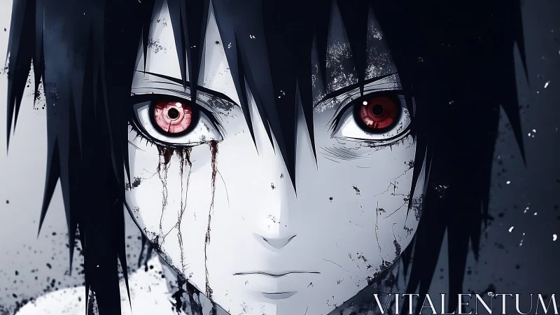 Cracked pale face with bleeding red anime eyes stares forward.