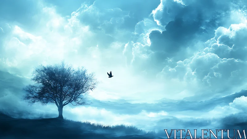 Solitary tree anchors misty valley beneath luminous sky