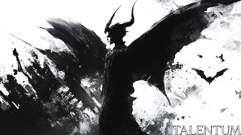 Monochrome horned fallen angel in dynamic ink abstraction.