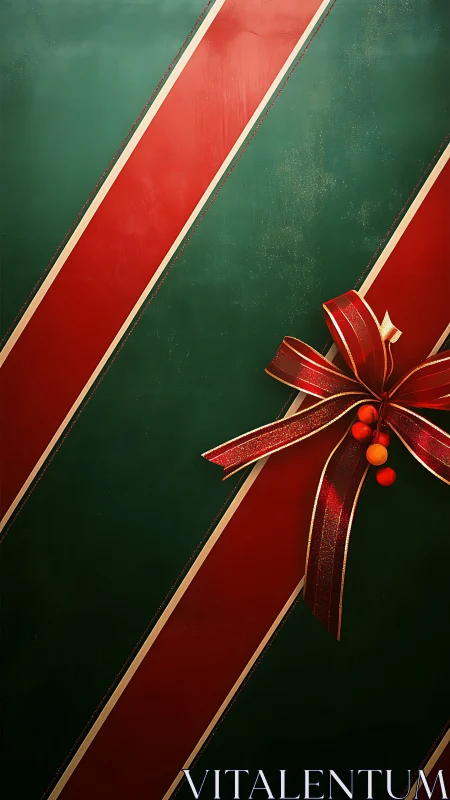 Diagonal red bow accents on green holiday gift wrap surface