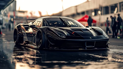 Midnight track predator prowls through slick pit lane light.