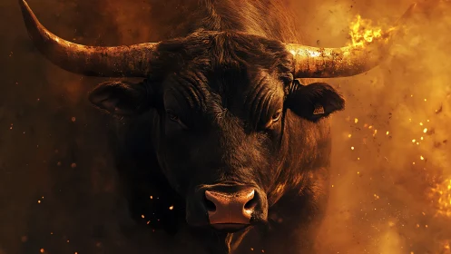 Fiery bull emerges through swirling flames and sparks.