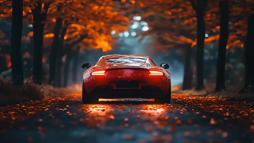 Red sports car glows through misty autumn forest road at dusk