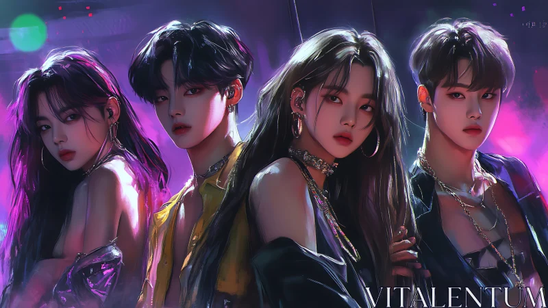 Stylized quartet portrait under neon club lighting backdrop.