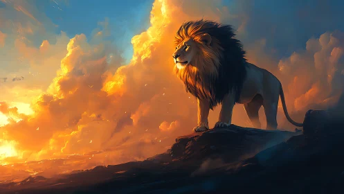 Lion stands on rocky ridge before dense illuminated clouds