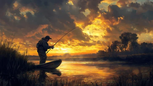 Solitary angler standing in a boat on reflective river at dusk.