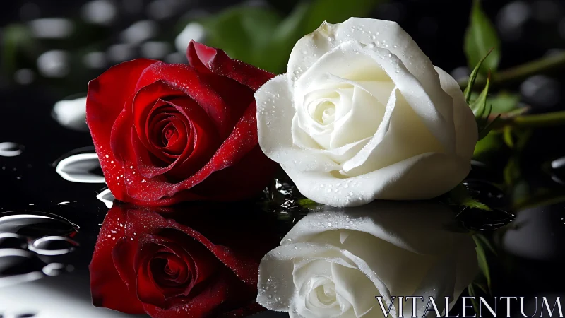 Red and white roses on black reflective surface with water droplets