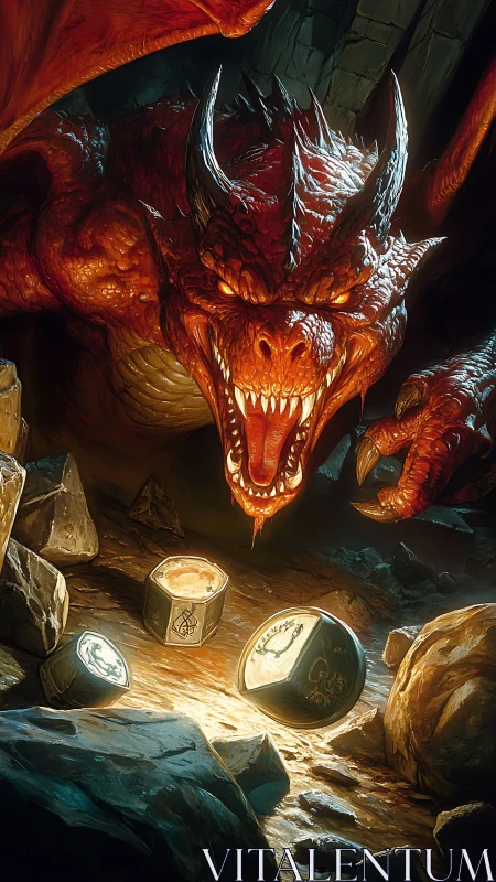 Red dragon guarding glowing polyhedral dice in cave.