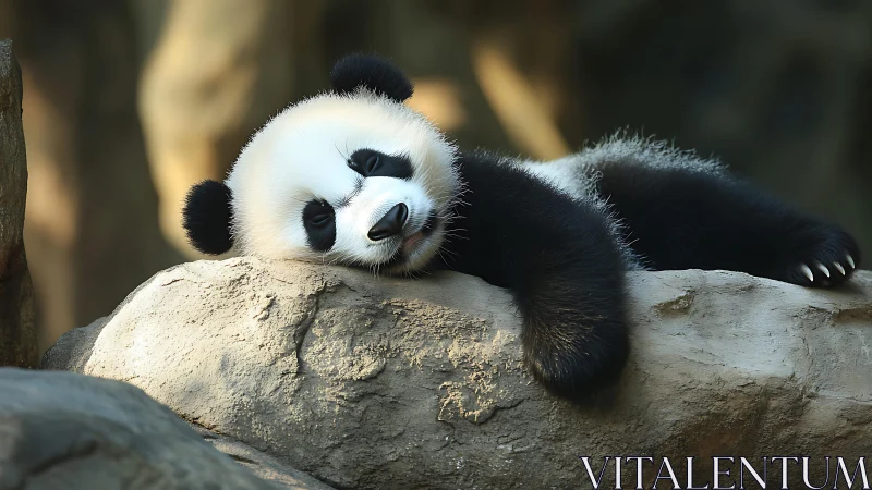 Drowsy baby panda drapes over sunlit stone sanctuary.