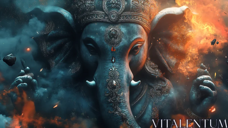 Divine elephant deity emerges from swirling cosmic fire