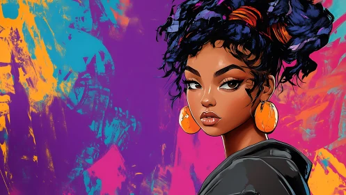 Portrait of stylized woman against vivid abstract graffiti wall