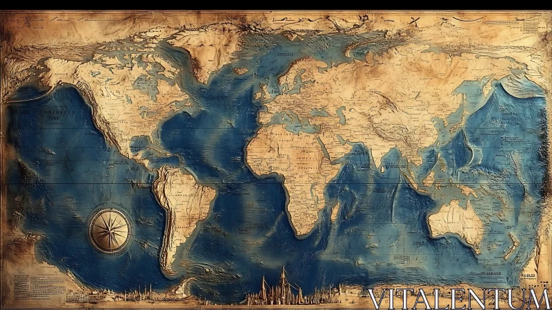 Antique-style world map with relief oceans and compass rose.